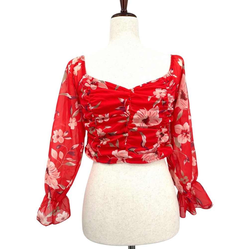 Parisian Sweetheart Crop Top Ruched Shirred Red Floral Long Sheer Sleeves Size 8